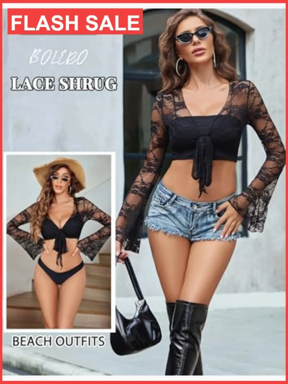 Lace Crop Cardigan Shrug Bell Sleeve Tie Front Sheer Bolero Going Out Top - Picture 4 of 6